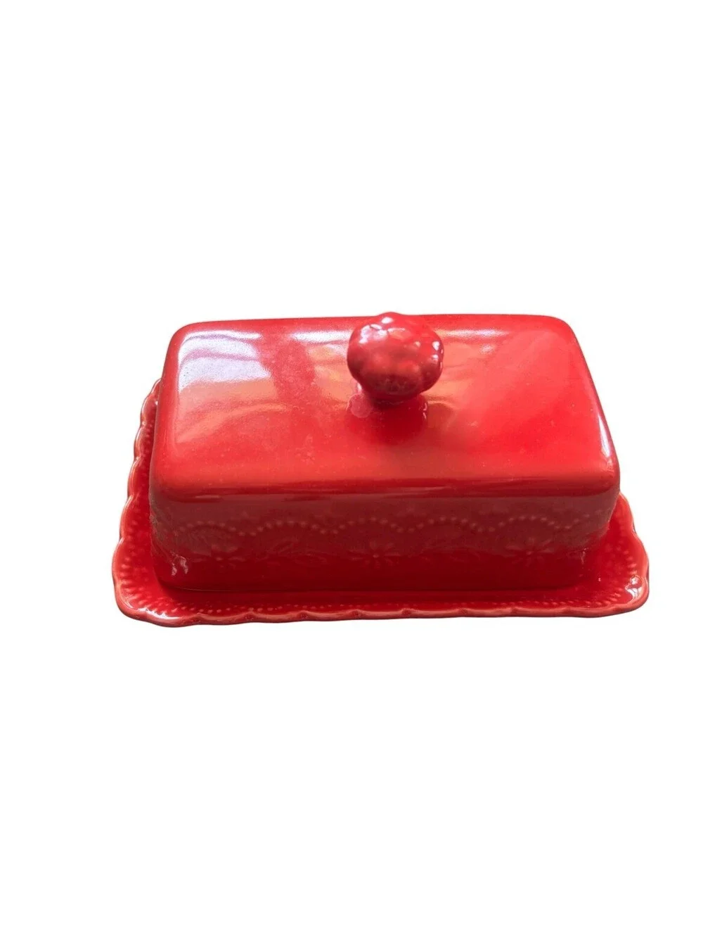 Pioneer Woman Red Embossed “Toni” Stoneware Covered Butter Dish 1/4 Lb